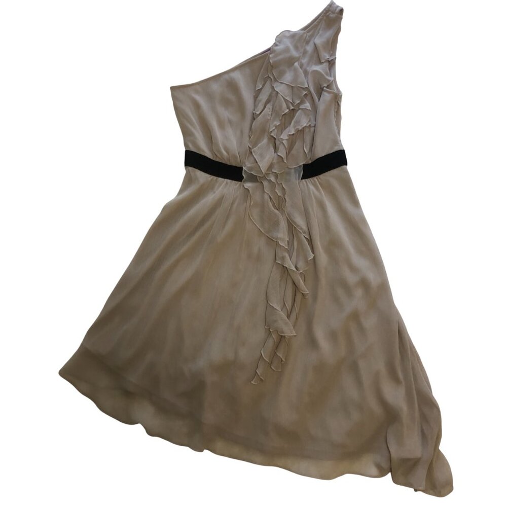 NWT Smart Set Ethereal Asymmetric One Shoulder Ruffles Waist Dress Taupe 4 Small